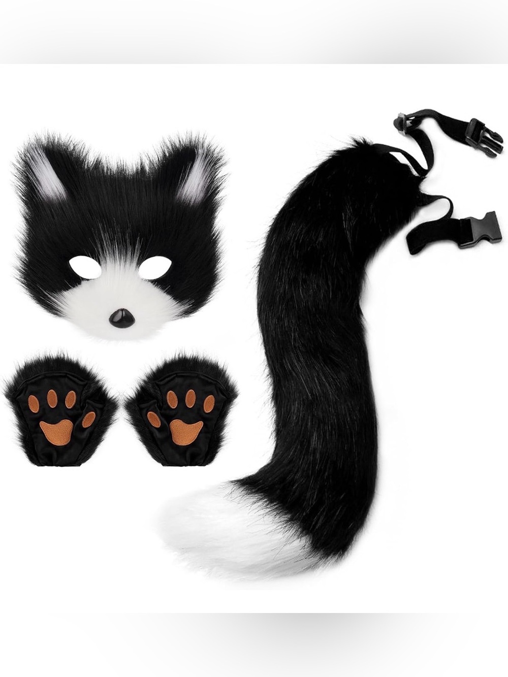 Fox Tail Cat Wolf Set Plush Mask Fluffy Paw Gloves